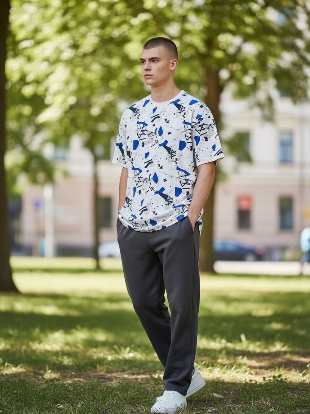 Sean John White Graphic Short Sleeve Tee with Blue and Black Print
